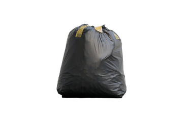 Black garbage bag put fully covered with adhesive tape isolated on white background.