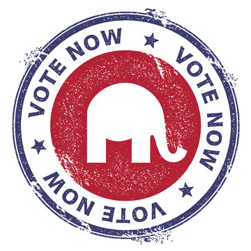 Grunge republican elephants rubber stamp. USA presidential election patriotic seal with republican elephants silhouette and Vote Now text. Rubber stamp vector illustration.