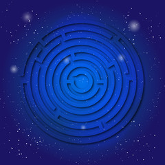 Spiritual sacred symbol of labyrinth on the deep blue cosmic sky. Sacral geometry in universe.