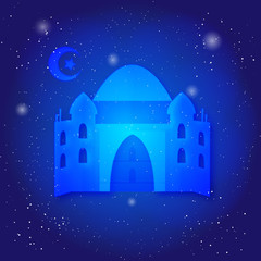 Ramadan Kareem islamic background. Eid mubarak. Islam holly month. Ramadan greeting template. Midnight muslim architecture.