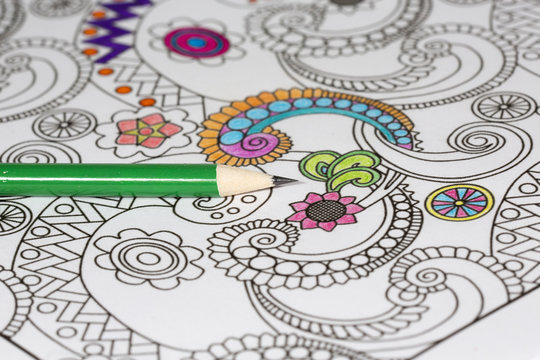 Pencil on an adult coloring book.