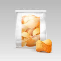 White Vertical Sealed Transparent Plastic Bag for Package Design with Stack of Potato Crispy Chips on White Background
