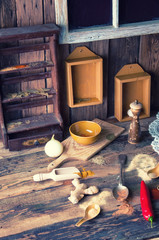 Colorful aromatic spices in old rustic kitchen
