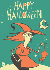 Halloween witch in hat holding a rat in her hand isolated on dark background. Vector illustration