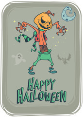 Halloween scary pumpkin head scarecrow, vector postcard for Halloween holiday