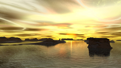 Fantasy alien planet. Mountain and lake. 3D illustration