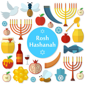 Rosh Hashanah, Shana Tova flat vector icons set