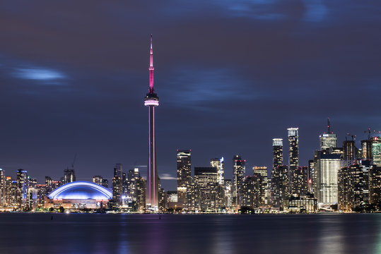 Canada, Ontario, Toronto, Skyline at night, moving clouds