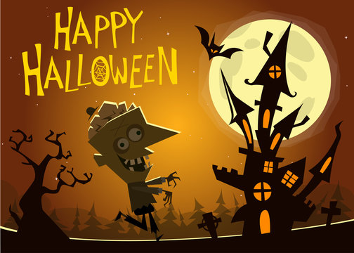 Haunted house  background with a walking zombie. Vector elements: walking dead zombie, cemetery, tombstone