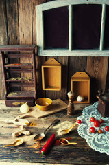 Colorful aromatic spices in old rustic kitchen