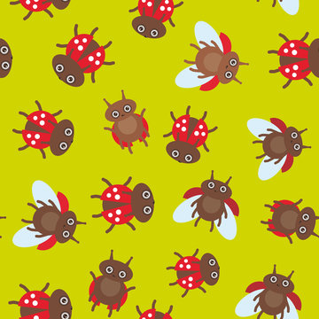 Funny insects ladybugs seamless pattern on green background. Vector