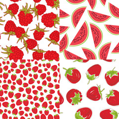 Ripe red raspberry strawberry watermelon. Set of seamless pattern on a white background. Vector