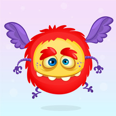 Cute cartoon flying monster. Halloween vector fluffy red monster
