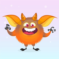 Cute cartoon monster smiling. Halloween vector fluffy orange monster