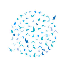 Fototapeta na wymiar Doves and pigeons set in a circle for peace concept and wedding design. Flying blue birds sketch set. Vector