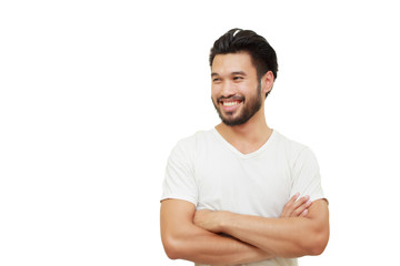 Asian handsome man with a mustache, smiling and laughing isolate