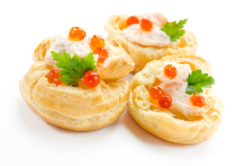Appetizer with red caviar, gourmet food, party snack