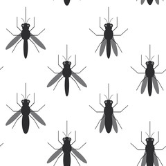 seamless pattern black silhouettes of mosquitoes Isolated on white background. Vector