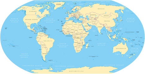 World map with shorelines, national borders, oceans and seas under the Robinson projection. English labeling. Illustration. - obrazy, fototapety, plakaty