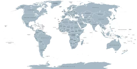 Poster World political map. Detailed map of the world with shorelines, national borders and country names. Robinson projection, english labeling, grey illustration on white background. © Peter Hermes Furian