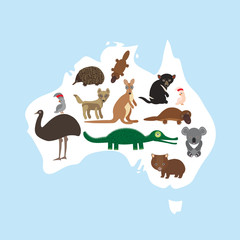 map of Australia. Echidna Platypus ostrich Emu Tasmanian devil Cockatoo parrot Wombat crocodile kangaroo dingo. Vector
