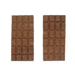chocolate bars with almonds nuts lying on white background