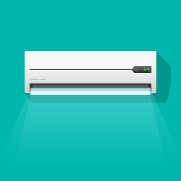 Air Conditioner Vector Illustration Isolated On Green Color Background, Flat Simple Air Conditioning Unit Blowing