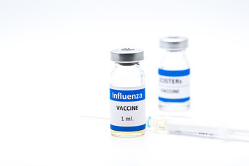 Influenza H1N1 vaccine and syringe on white background