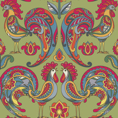 Obraz premium Vector seamless pattern with roosters and flowers.