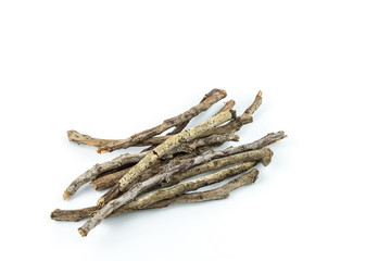 Pile of dry twigs on white background