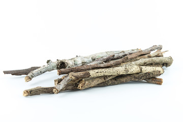 Pile of dry twigs on white background

