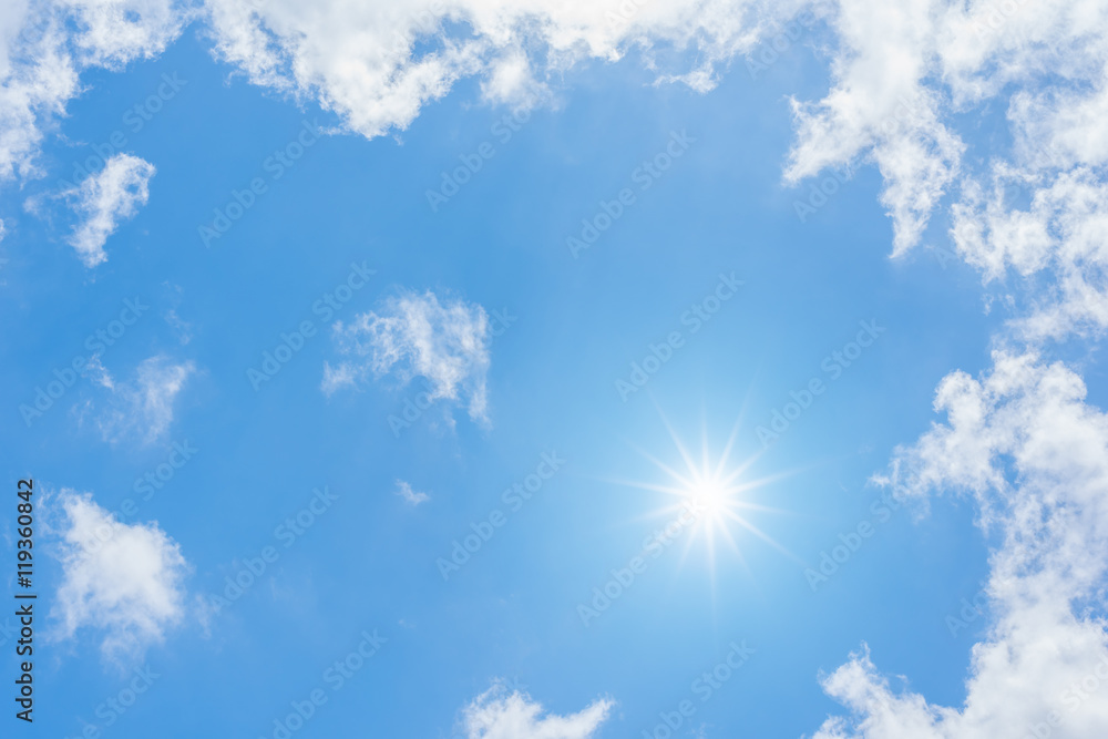 Sticker blue sky with clouds and sun reflection. looking up view