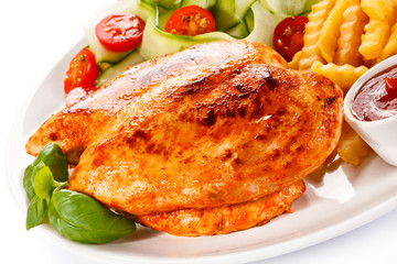 Grilled chicken fillets, boiled potatoes and vegetable salad 