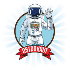 Astronaut spaceman cosmonaut space cartoon icon. Colorful seal stamp ribbon design. Vector illustration