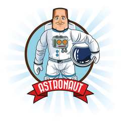 Astronaut man spaceman cosmonaut space cartoon icon. Colorful seal stamp ribbon design. Vector illustration