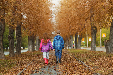 Fototapeta na wymiar Child friends walking in the autumn park.