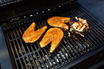 Fish cooking on barbecue grill.