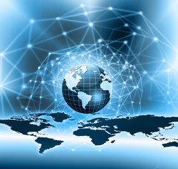 Best Internet Concept of global business. Globe, glowing lines on technological background. Electronics, Wi-Fi, rays, symbols Internet, television, mobile and satellite communicationsblue blur