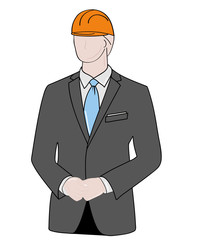 silhouette of a man in a business suit and with a construction helmet on his head. vector illustration.