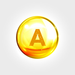Vitamin A gold icon. Retinol drop pill capsule - obrazy, fototapety, plakaty