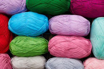 Close-up of skeins of different colors