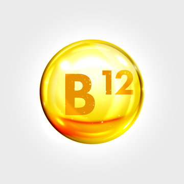 Vitamin B12 gold icon. Cobalamin drop pill capsule