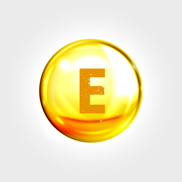 Vitamin E gold icon. Tocopherol pill capsule