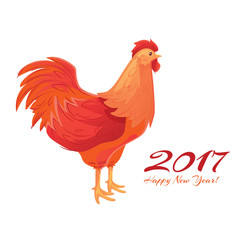 Colorful 2017 New Year greeting card with rooster - symbol of the year, vector illustration isolated on white background. New Year greeting card design for 2017, the year of Red Rooster