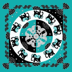 Original indian pattern with ten elephants and paisley.  Bandana print. Silk neck scarf with beautiful flowers, paisley and elephants. Summer kerchief square pattern design style for print on fabric.