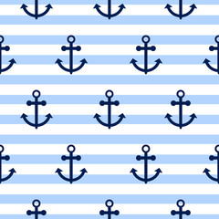 Seamless vector pattern with nautical anchors. Sea theme anchor blue horizontal stripe repeat background. © YoPixArt