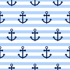 Wallpaper murals Sea Seamless vector pattern with nautical anchors. Sea theme anchor blue horizontal stripe repeat background.