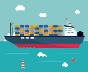 Obraz premium łódź statek chmury morze ocen transport ikona. Kolorowy i płaski wygląd. Niebieskie tło. Ilustracji wektorowych