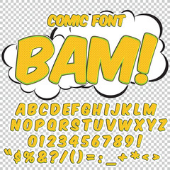 Alphabet collection set. Comic pop art style. Light color version. Letters, numbers and figures for kids