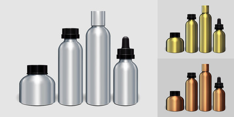 Silver, gold, copper aluminum bottle Packaging Mock up set ready for your design
